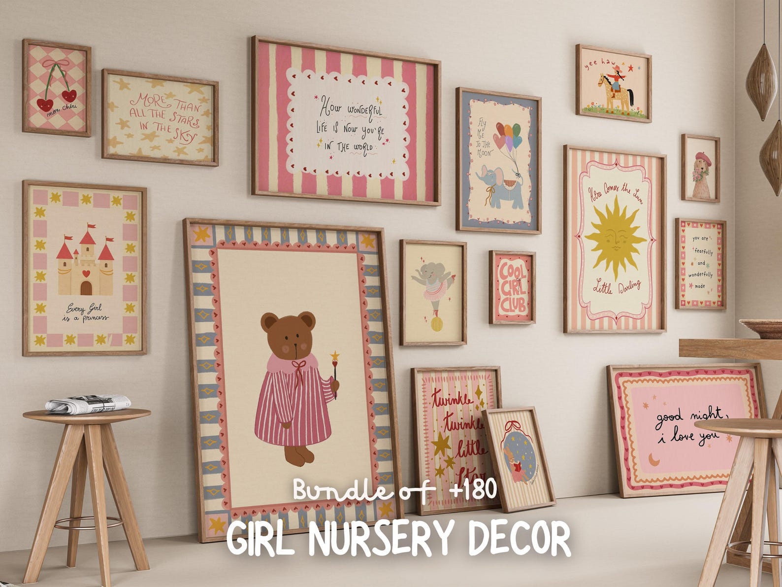 Pink Girl Nursery Wall Art Prints, Animals, Gallery Set (digital ...