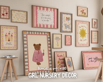 Láminas decorativas rosas para la habitación infantil de niña, animales, conjunto de galería (descarga digital, +180 láminas)