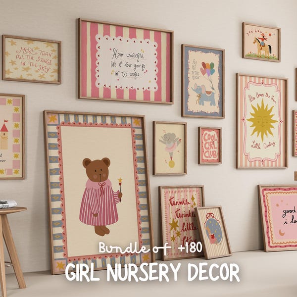 Impressions d'art mural chambre d'enfant rose, animaux, ensemble de galerie (téléchargement numérique, +180 impressions