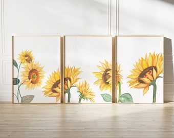Sunflowers Wall Art Triptych | Botanical Print Set | Living Room Wall Art | Flower Illustrations | Digital Download PRINTABLE Floral Art