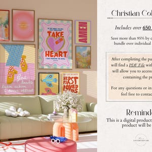 May include: A collection of framed art prints with inspirational quotes and colorful illustrations. The artwork includes the words "PRAY", "TAKE HEART", and "AMEN". The prints are displayed above a green sofa in a well-lit room.