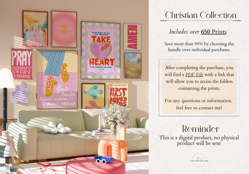 May include: A collection of framed art prints with inspirational quotes and colorful illustrations. The artwork includes the words "PRAY", "TAKE HEART", and "AMEN". The prints are displayed above a green sofa in a well-lit room.