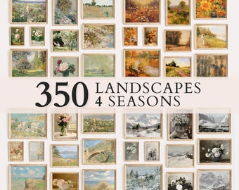 Vintage druckbare Landschaftsmalerei, Mega Bundle, botanische Blumen Drucke Wandkunst, Bauernhausdekor, Set von + 350 digitaler Download