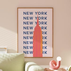 Impresión de viajes a Nueva York / Descarga de arte digital / Arte del Empire State en azul, naranja y negro / Impresión de exposición de viajes de moda / Póster retro lindo