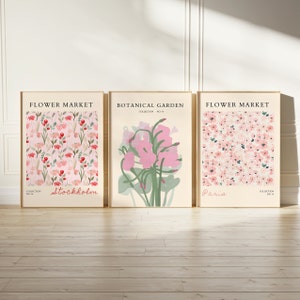 Flower Market Prints, Set of 3, Floral Wall Set, City Flower Poster, Gallery Wall Art Set, Botanical art prints, Stockholm, Paris, Digital