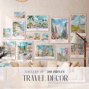 PAQUETE MEGA de 300 pósteres de viaje, arte de pared moderno, impresión de viaje retro, decoración maximalista, impresiones de dormitorio de moda, impresión de viaje colorida