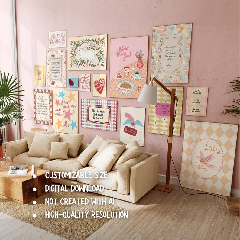 May include: A gallery wall of framed art prints with diverse designs and quotes, arranged on a pink wall above a beige sofa. The prints include floral, geometric, and illustrative styles. Text on the image reads: "CUSTOMIZABLE SIZE", "DIGITAL DOWNLOAD", "NOT CREATED WITH AI", "HIGH-QUALITY RESOLUTION".