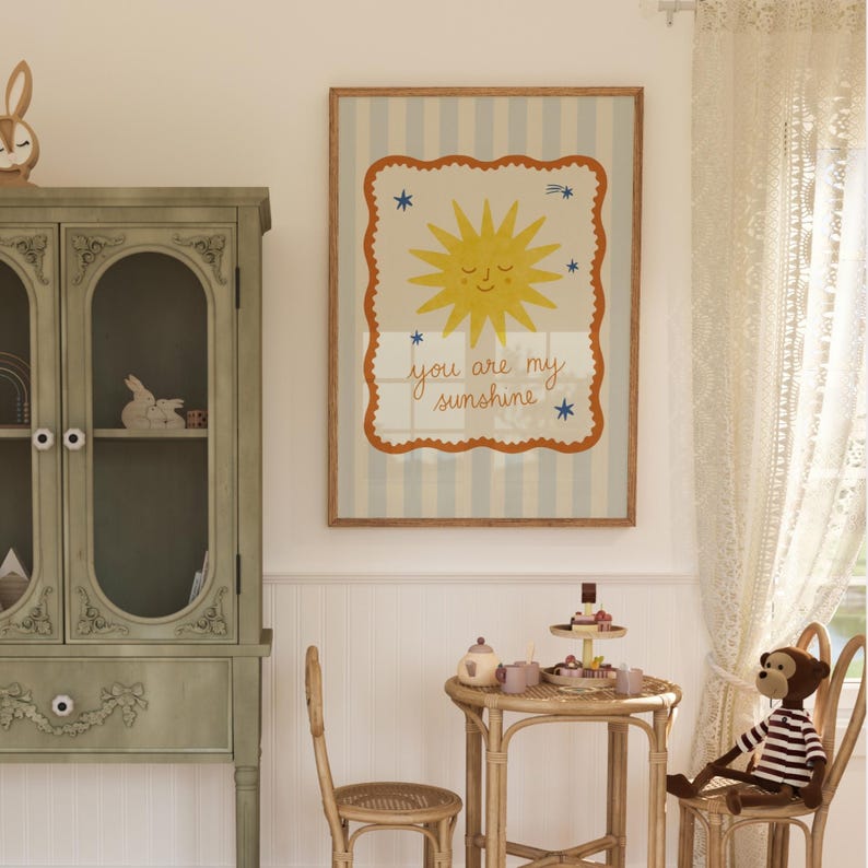 Barnrumstryck med solen, vintageväggkonst för barn, nyckfull babyrumsdekor, illustration med positivt citat, neutralt barnrum bild 5