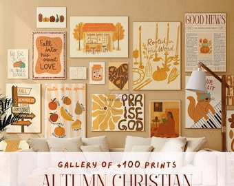 May include: A collection of autumn-themed Christian art prints displayed on a wall. The prints feature illustrations of pumpkins, cafes, and inspirational quotes. The color scheme uses warm tones such as orange, beige, and brown. The text "AUTUMN CHRISTIAN" is visible at the bottom.
