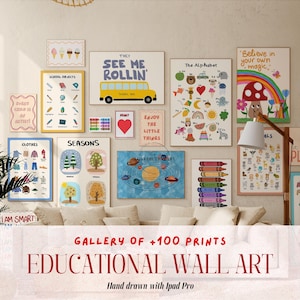 Lot de 100 affiches de chambre d'enfant pour l'école à la maison, décoration d'art murale pour salle de jeux, lot de décorations pour salle de classe, impressions artistiques d'apprentissage colorées, impressions éducatives