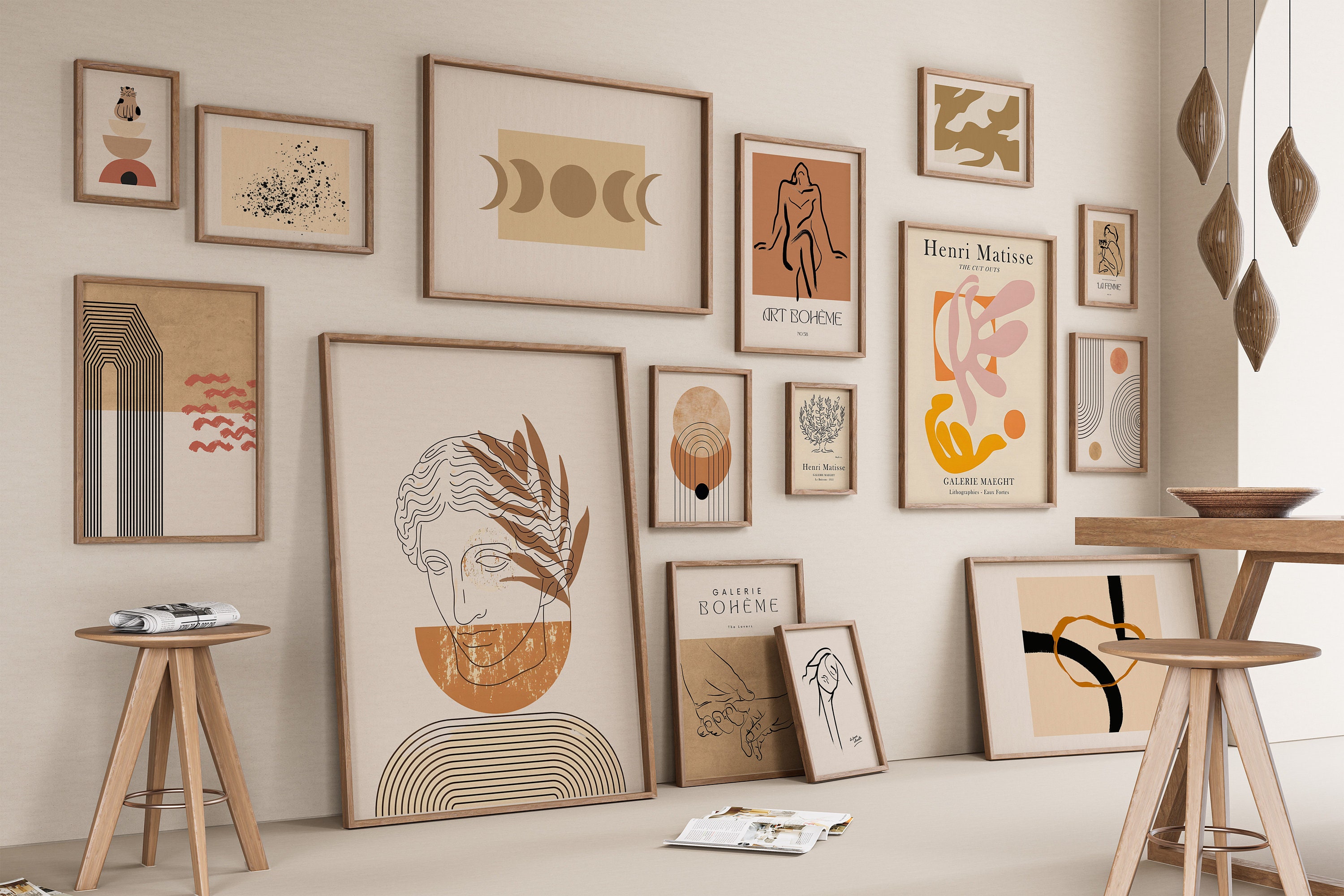 Set di 3 poster - Stile bohémien - Pianta estetica - Arte astratta moderna - Arte murale - Decorazione bohémien - Senza cornice - Poster 09, 30 x 40 c