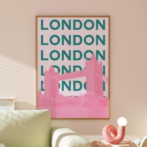 London Travel Print | Digital Art Download | Pink Blue London Travel Exhibition Print | Cute Trendy Wall Ar