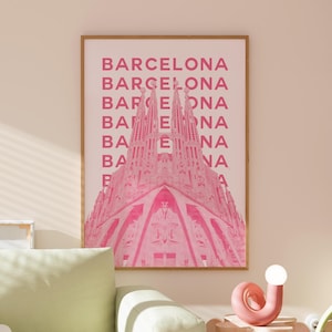 Preppy travel, Barcelona Travel Print | Digital Art Download | Sagrada Familia Art | Trendy Travel Exhibition Print, Cute Retro Wall Art