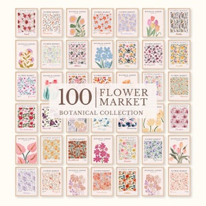 Set di stampe del mercato dei fiori di 100 set da parete per gallerie di fiori, poster floreali alla moda, pacchetto di stampe artistiche colorate, set di arte botanica, download digitale