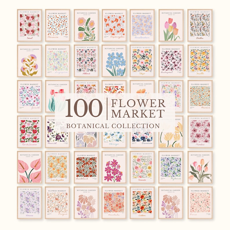 Lot de 100 imprimés marché aux fleurs, ensemble mural de galerie de fleurs, affiches florales tendance, lot d'impressions d'art colorées, ensemble d'art botanique, téléchargement numérique image 1