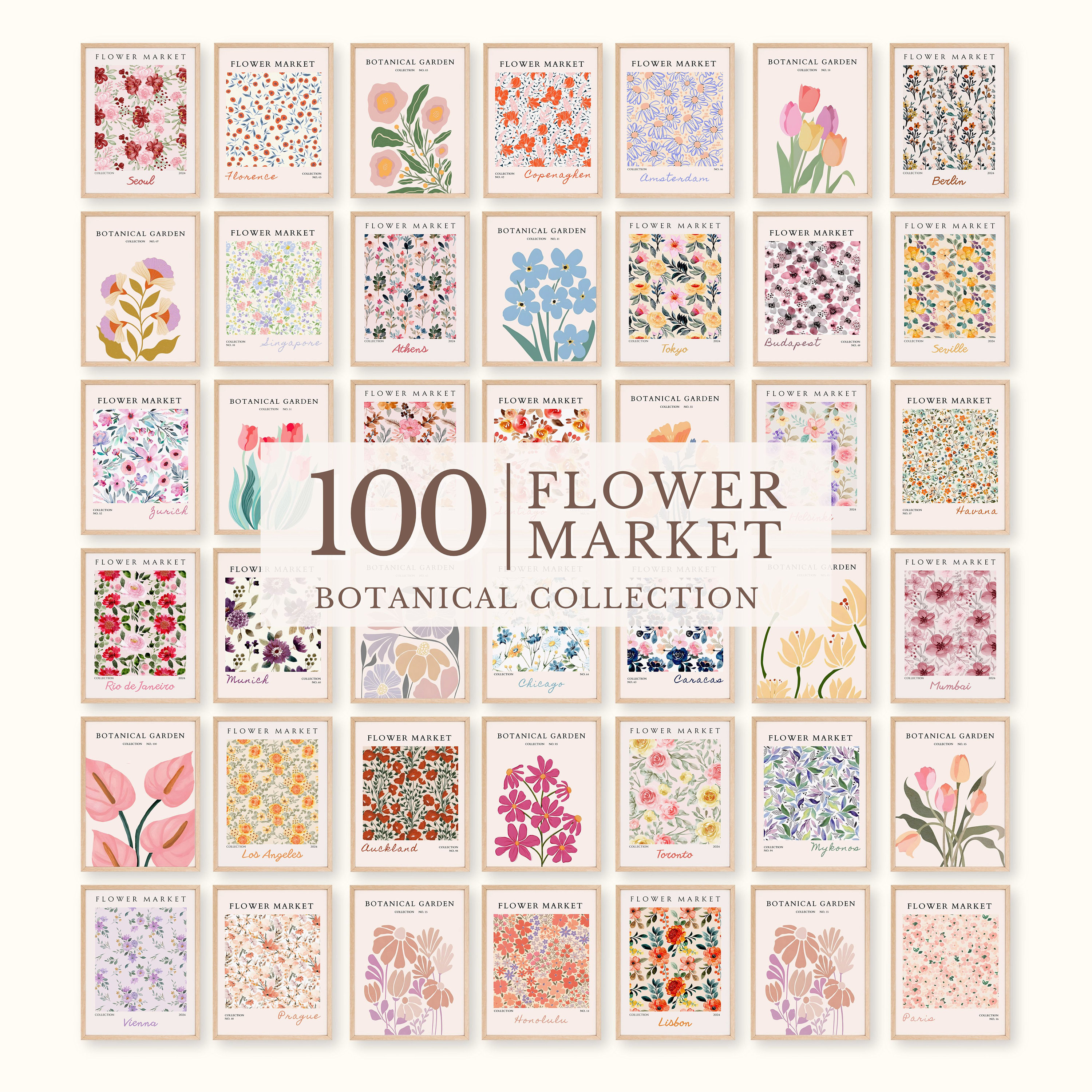 100 Flower Market Botanical Art Prints, Gallery Wall Set (digital