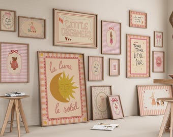 Vintage Nursery Wall Art Set, Pink Floral Animal Prints (Digital Download