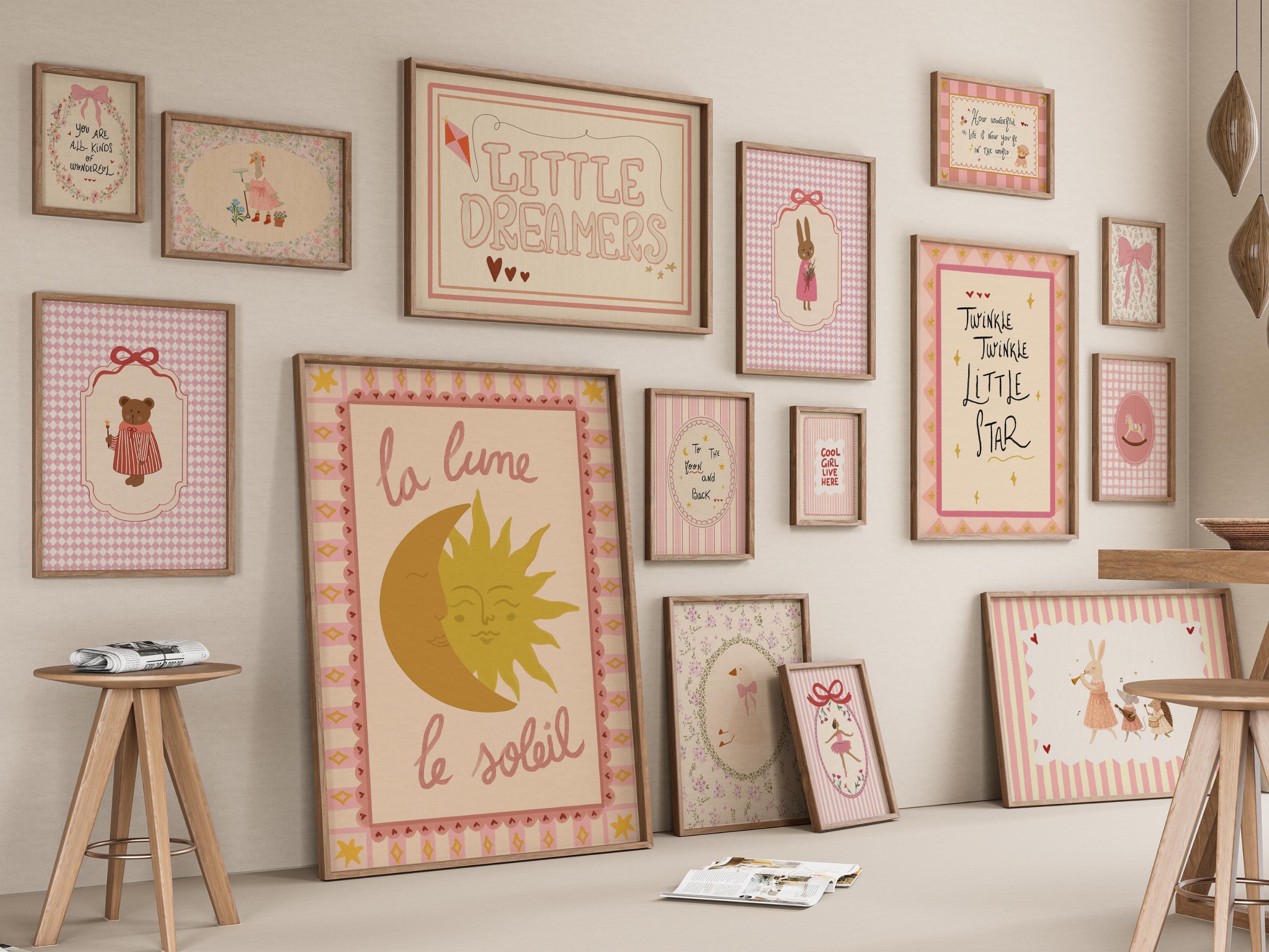Baby Girl Nursery Wall Art Prints Set, Pink Cute Kids Room Decor ...
