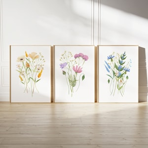 Set Of 3 Neutral Watercolor Wildflower Prints | Minimalist Boho Wall Decor | Botanical Wall Art | Digital Download PRINTABLE Floral Prints