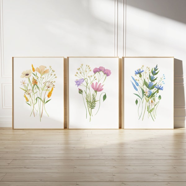 Lot de 3 impressions de fleurs sauvages aquarelles neutres | Décoration murale bohème minimaliste | Art mural botanique | Impressions florales imprimables en téléchargement numérique