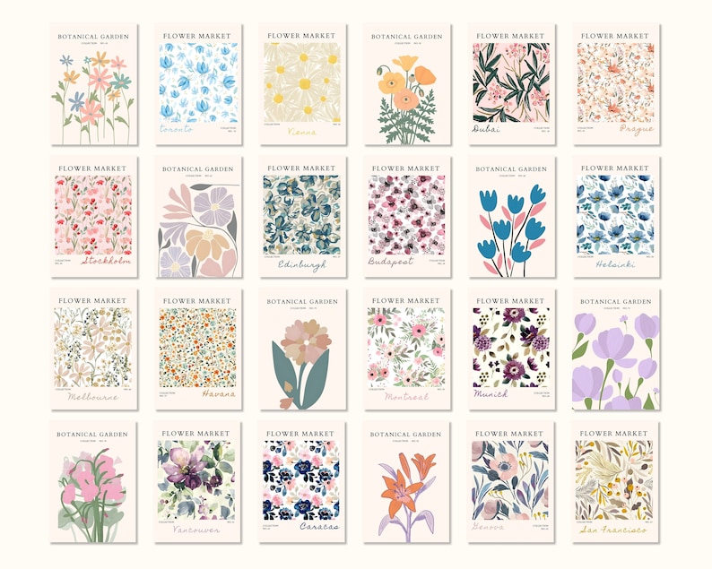 Flower Market Print Set of 100 Flower Gallery Wall Set, Trendy Floral Posters, Colorful Art Print Bundle, Botanical Art Set,Digital Download image 5