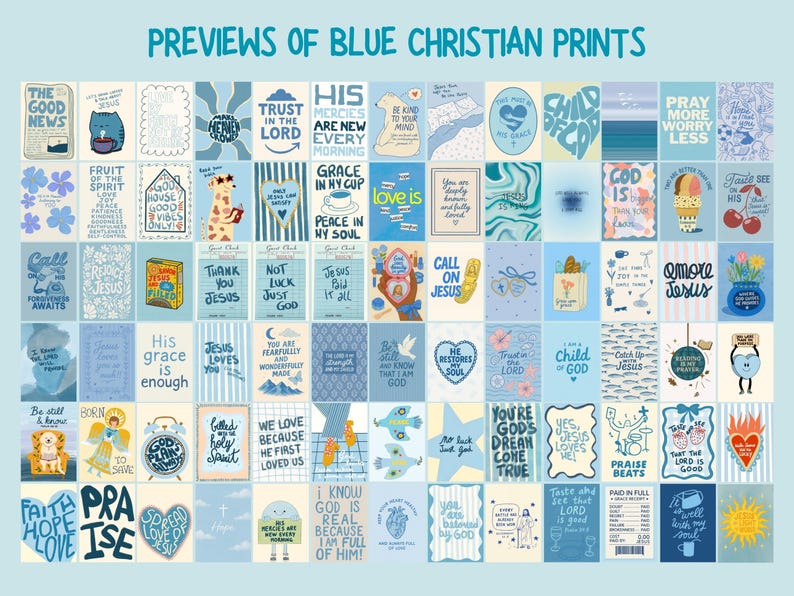 May include: A collection of blue Christian prints with various inspirational quotes and illustrations. The prints feature phrases like "Trust in the Lord" and "Love is." The image is titled "PREVIEWS OF BLUE CHRISTIAN PRINTS."