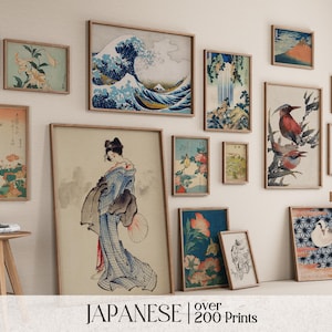 Arte murale giapponese massimalista, set di pareti da galleria vintage eclettico, pacchetto giapponese di 200 stampe, arte murale stampabile asiatica, poster d'arte giapponese