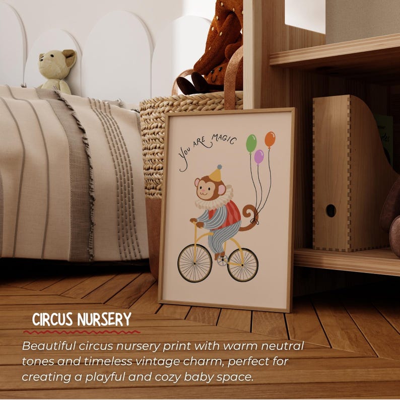 Circus Monkey Nursery Print, Whimsical Animal Wall Art (digital ...