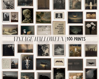 May include: A collection of framed vintage Halloween prints, featuring a variety of spooky and gothic imagery. The prints include skulls, bats, landscapes, and text that reads "don't worry the right ones won't leave." The words "VINTAGE HALLOWEEN | 100 PRINTS" are also visible.