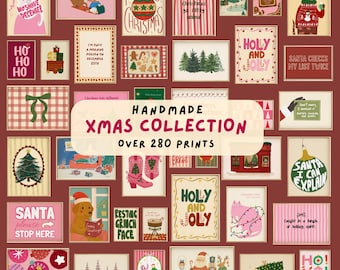 May include: A collection of framed Christmas-themed prints with various designs, including festive text, illustrations of Santa, trees, and ornaments. The collection includes the text "Handmade Xmas Collection Over 280 Prints."