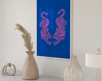 Roze blauwe tijgerprint, preppy kamer decor, preppy tijger poster, kunst aan de muur Boho, grote afdrukbare poster, dierenprint, trendy kunst aan de muur