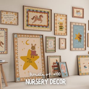 Peut inclure: Ensemble de tableaux décoratifs pour chambre d'enfant avec des illustrations fantaisistes, dont un cheval, un lapin et une abeille. Les impressions présentent des couleurs douces et des motifs ludiques. Le texte "Bundle of +100 Nursery Decor" est visible.