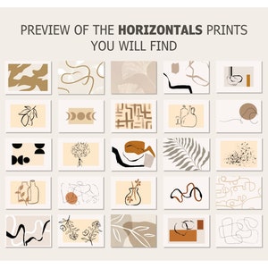 May include: A collection of 24 minimalist printable art prints featuring abstract shapes, lines, and botanical elements in neutral colors like beige, brown, and black.  "PREVIEW OF THE HORIZONTALS PRINTS YOU WILL FIND" is written at the top of the image.