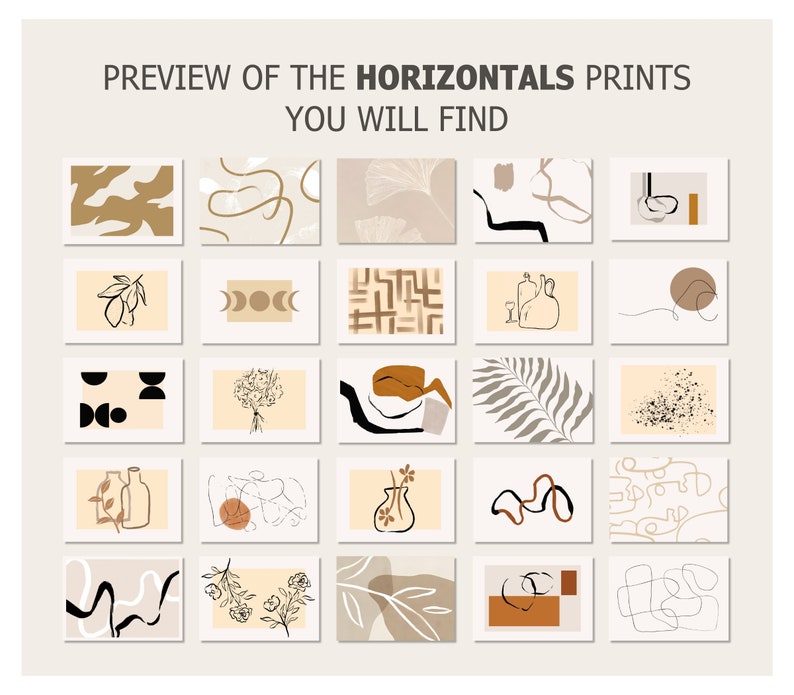 May include: A collection of 24 minimalist printable art prints featuring abstract shapes, lines, and botanical elements in neutral colors like beige, brown, and black.  "PREVIEW OF THE HORIZONTALS PRINTS YOU WILL FIND" is written at the top of the image.