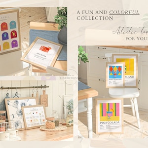 May include: A set of six colorful framed prints with cocktail recipes and illustrations. The prints are hung on a wall and a table in a kitchen setting. The prints feature cocktails like "Classic Cocktails", "Negroni", "Mary Pickford", "Sland", "Pina Colada", and "Cocktails".
