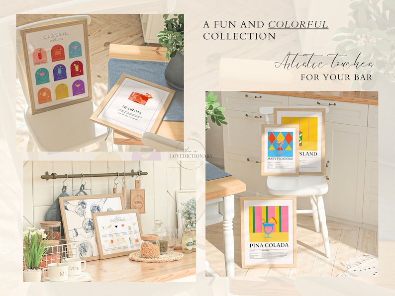 May include: A set of six colorful framed prints with cocktail recipes and illustrations. The prints are hung on a wall and a table in a kitchen setting. The prints feature cocktails like "Classic Cocktails", "Negroni", "Mary Pickford", "Sland", "Pina Colada", and "Cocktails".