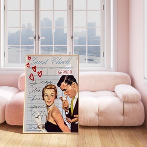 May include: A vintage-style illustration of a couple on a date, with the man holding a cocktail and the woman looking away. The illustration is printed on a blue background with a white guest check overlay. The guest check has the words "Guest Check" and "Check Number 669909" printed on it. There are red hearts drawn around the illustration.