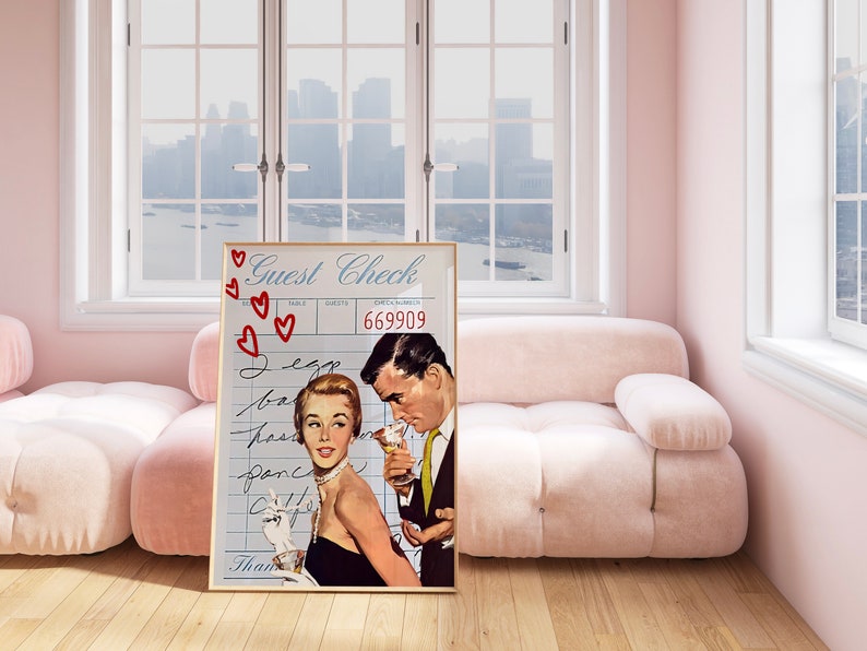 May include: A vintage-style illustration of a couple on a date, with the man holding a cocktail and the woman looking away. The illustration is printed on a blue background with a white guest check overlay. The guest check has the words "Guest Check" and "Check Number 669909" printed on it. There are red hearts drawn around the illustration.