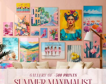 May include: A gallery wall featuring various framed art prints with a summer theme. The prints depict scenes such as flamingos, beach landscapes, floral arrangements, and portraits. The text "SUMMER MAXIMALIST" is displayed below the art.