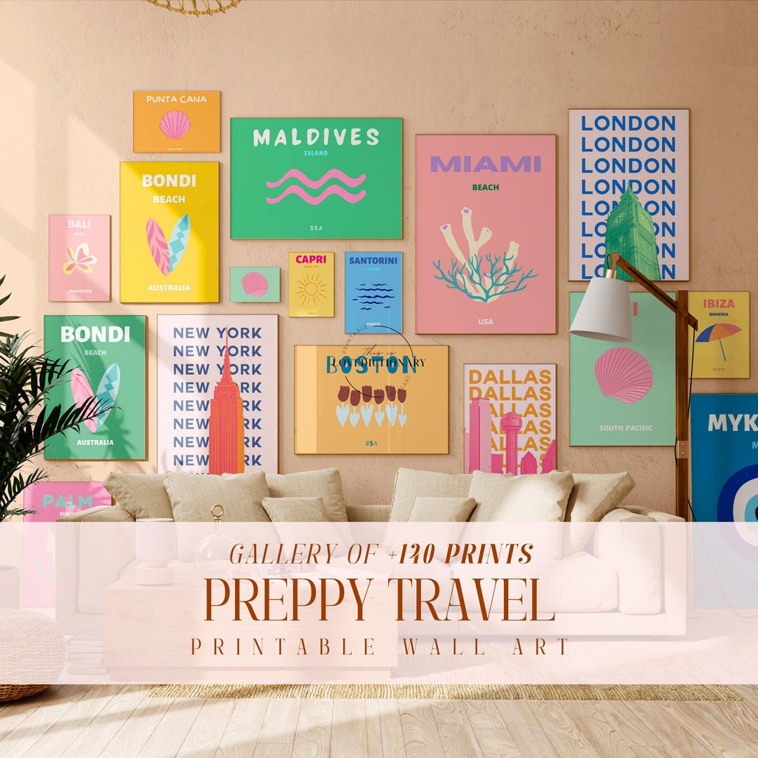 Preppy Room Decor Travel Poster Bundle Set of 100, Wall Collage Set