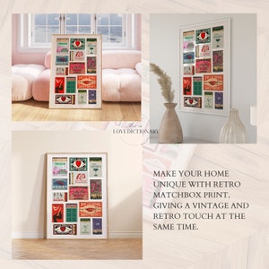May include: A framed collage of vintage matchbox labels featuring various designs, including a red heart, a martini glass, and a woman's face. The labels are arranged in a grid pattern and have a retro aesthetic. The text "MAKE YOUR HOME UNIQUE WITH RETRO MATCHBOX PRINT, GIVING A VINTAGE AND RETRO TOUCH AT THE SAME TIME." is displayed below the collage.