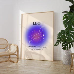 LEO Star Sign Instant Download Print, Zodiac Art afdrukbare, spirituele muurkunst, Aura Gradient Poster, digitale DOWNLOAD.