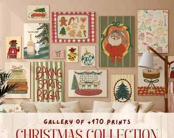 May include: A collection of Christmas-themed art prints displayed on a wall above a sofa. The prints feature festive illustrations of Santa Claus, gingerbread men, Christmas trees, and holiday phrases. The text "CHRISTMAS COLLECTION" is displayed below the prints.