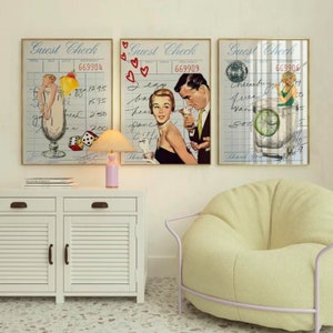 May include: Three framed prints with a vintage aesthetic. Each print features a guest check with handwritten notes and a retro illustration. The first print shows a cocktail with a cherry and a dice. The second print shows a couple with a drink. The third print shows a cocktail with a lime wedge.