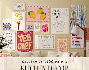 Kitchen Gallery Wall Set over 100, Kitchen Wall Art, Food Prints, Hand Drawing Kitchen Decor, Dining Room Wall Art, Trendy Kitchen Decor
