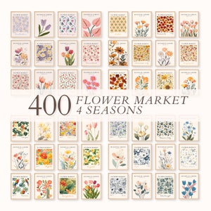 Set di stampe del mercato dei fiori di 400 set da parete per gallerie di fiori, poster floreali alla moda, pacchetto di stampe artistiche colorate, set di arte botanica, download digitale