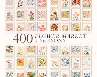 Set di stampe del mercato dei fiori di 400 set da parete per gallerie di fiori, poster floreali alla moda, pacchetto di stampe artistiche colorate, set di arte botanica, download digitale