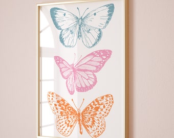 Pink Orange Butterfly Poster Print, Butterfly Wall Art, Trendy Wall Art,Preppy Room Decor,Maximalist Decor,Printable Boho Wall Art,Boho Deco
