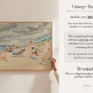 Puede incluir: Una pintura de acuarela enmarcada de una escena de playa con personas en trajes de ba&ntilde;o relaj&aacute;ndose en la arena. La pintura est&aacute; colgada en una pared blanca. El texto "Vintage Bundle" est&aacute; escrito en negro sobre un fondo blanco. El texto "Includes over 360 Prints" est&aacute; escrito en negro sobre un fondo blanco. El texto "Save more than 95% by choosing the bundle over individual purchases." est&aacute; escrito en negro sobre un fondo blanco. El texto "After completing the purchase, you will find a PDF File with a link that will allow you to access the folders containing the prints." est&aacute; escrito en negro sobre un fondo blanco. El texto "For any questions or information, feel free to contact me!" est&aacute; escrito en negro sobre un fondo blanco. El texto "Reminder" est&aacute; escrito en negro sobre un fondo blanco. El texto "This is a digital product, no physical product will be sent" est&aacute; escrito en negro sobre un fondo blanco.