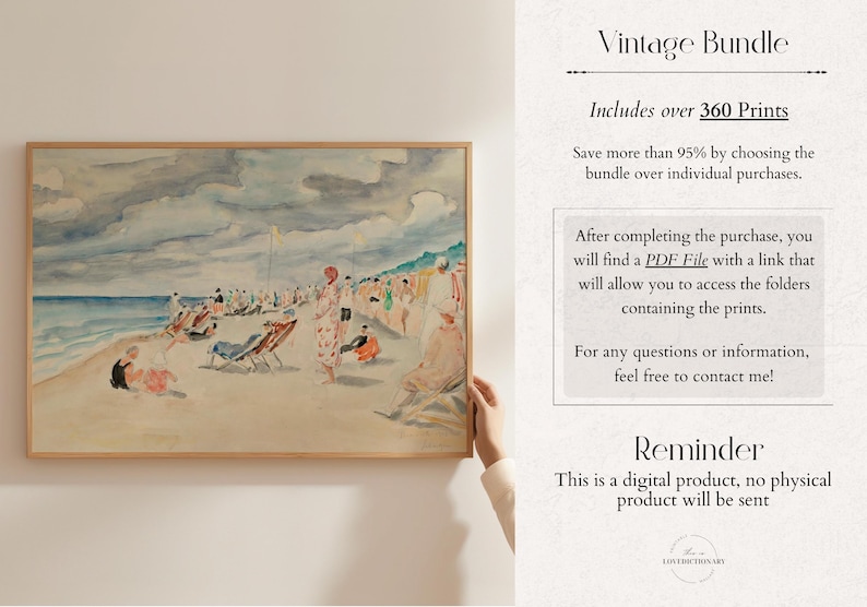 Puede incluir: Una pintura de acuarela enmarcada de una escena de playa con personas en trajes de ba&ntilde;o relaj&aacute;ndose en la arena. La pintura est&aacute; colgada en una pared blanca. El texto "Vintage Bundle" est&aacute; escrito en negro sobre un fondo blanco. El texto "Includes over 360 Prints" est&aacute; escrito en negro sobre un fondo blanco. El texto "Save more than 95% by choosing the bundle over individual purchases." est&aacute; escrito en negro sobre un fondo blanco. El texto "After completing the purchase, you will find a PDF File with a link that will allow you to access the folders containing the prints." est&aacute; escrito en negro sobre un fondo blanco. El texto "For any questions or information, feel free to contact me!" est&aacute; escrito en negro sobre un fondo blanco. El texto "Reminder" est&aacute; escrito en negro sobre un fondo blanco. El texto "This is a digital product, no physical product will be sent" est&aacute; escrito en negro sobre un fondo blanco.